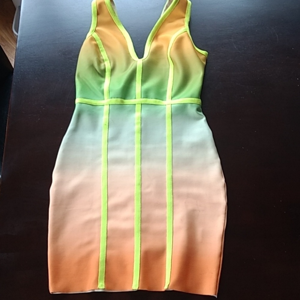 Neon orange, yellow, green bandage dress